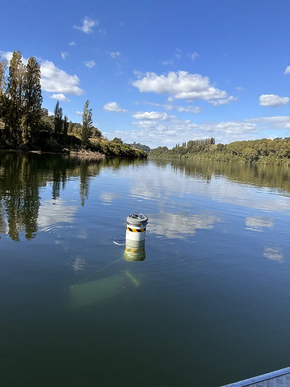 Photo: A drifter measuring device floating on the water. Trees can be seen in the background.