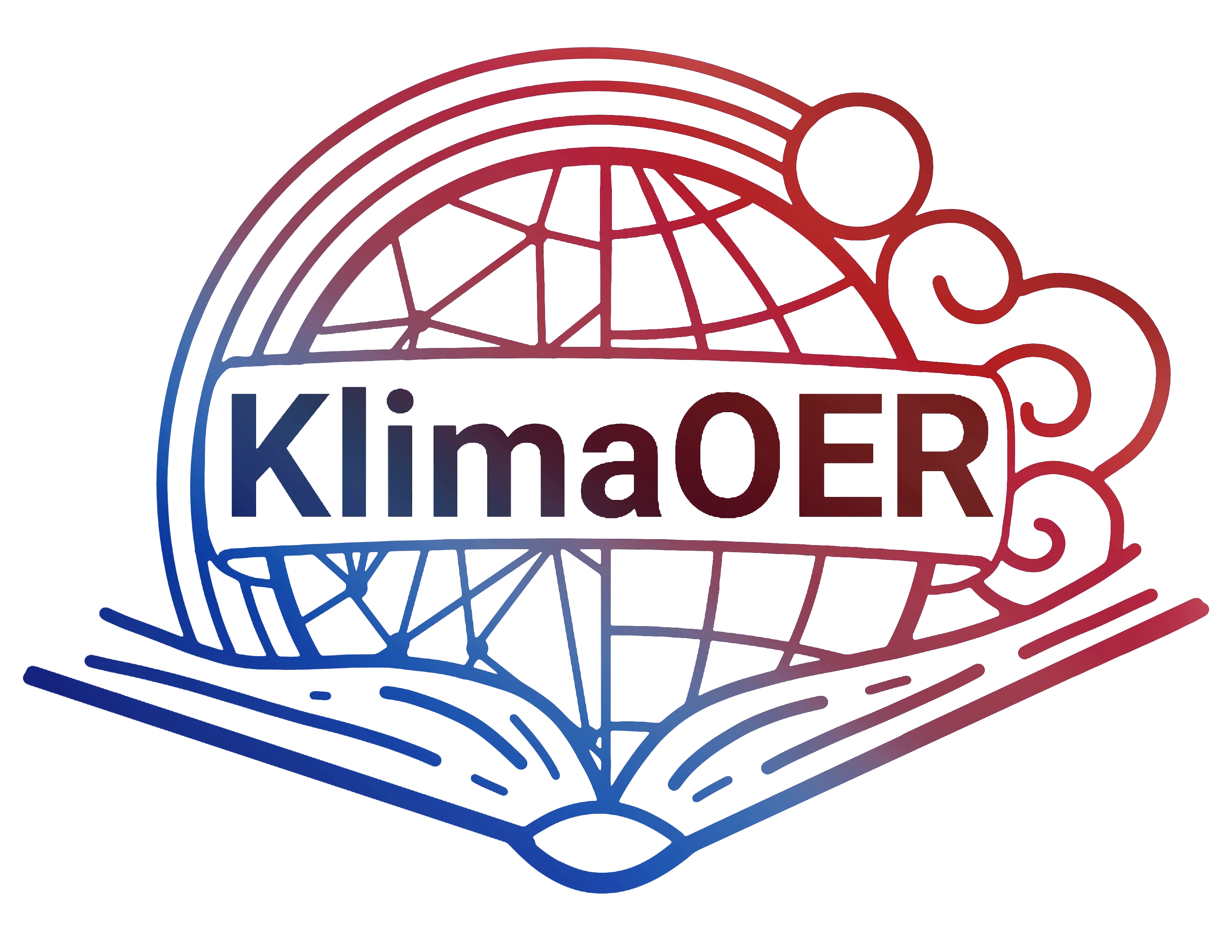 KlimaOER Logo; über einem aufgeschlagenen Buch ist die Erdkugel mit links einem Netzwerk und rechts der Längen- und Breitengradlinien. Über der Erdkugel sind links drei um die Erde gekümmte Steifen symbolisch für einen Regenbogen bis rechts oben zu einer kleinen Kugel, die die Sonne darstellt. Rechts außen ist eine Wolke abgebildet. Über die Erdkugel verläuft ein Banner mit der Aufschrift KlimaOER