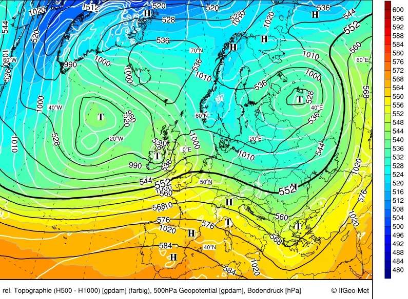 Weather map of the GFS model of Europe. The caption reads: "rel. Topographie (H500 - H1000) [gpdam] (farbig), 500hPa Geopotential [gpdam], Bodendruck [hPa]"