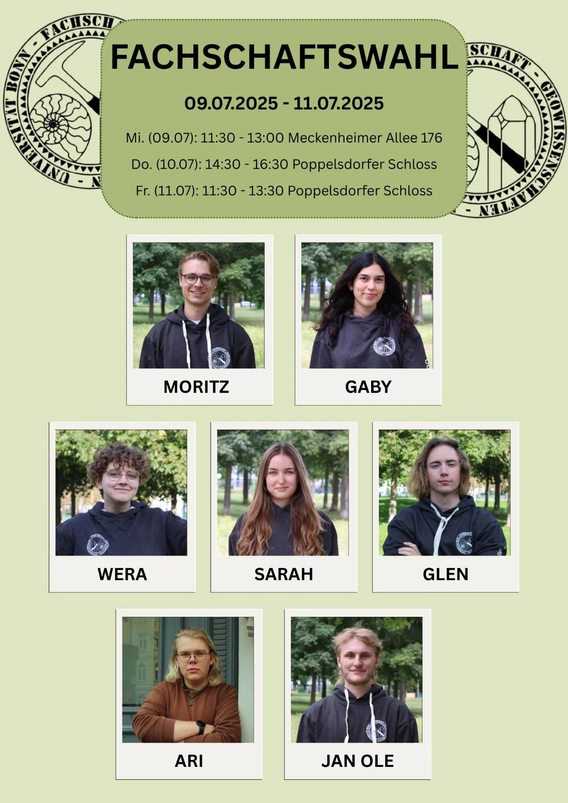 Zusehen sind die sieben Kandidierenden der Fachschaft Geowissenschaften zu sehen.